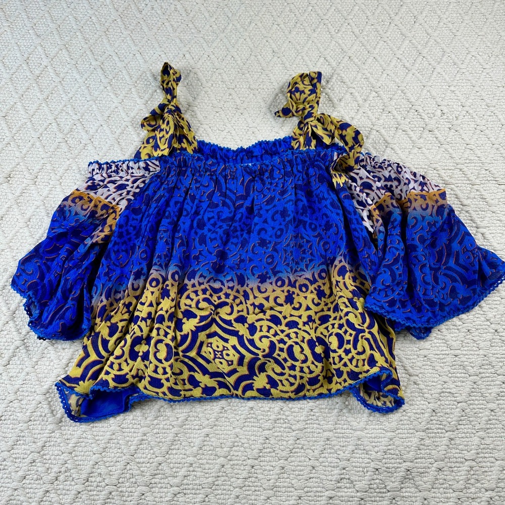 Artelier Nicole Miller Cold Shoulder Blouse Blue Yellow Tie Shoulder Women's L